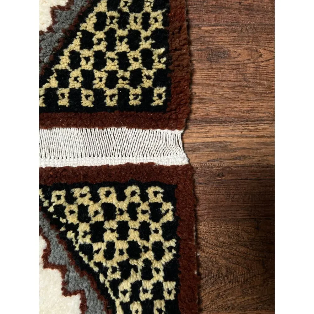 Vintage Wool Wall Hanging Crewel – Geometric Double Panel Tapestry with Fringe
